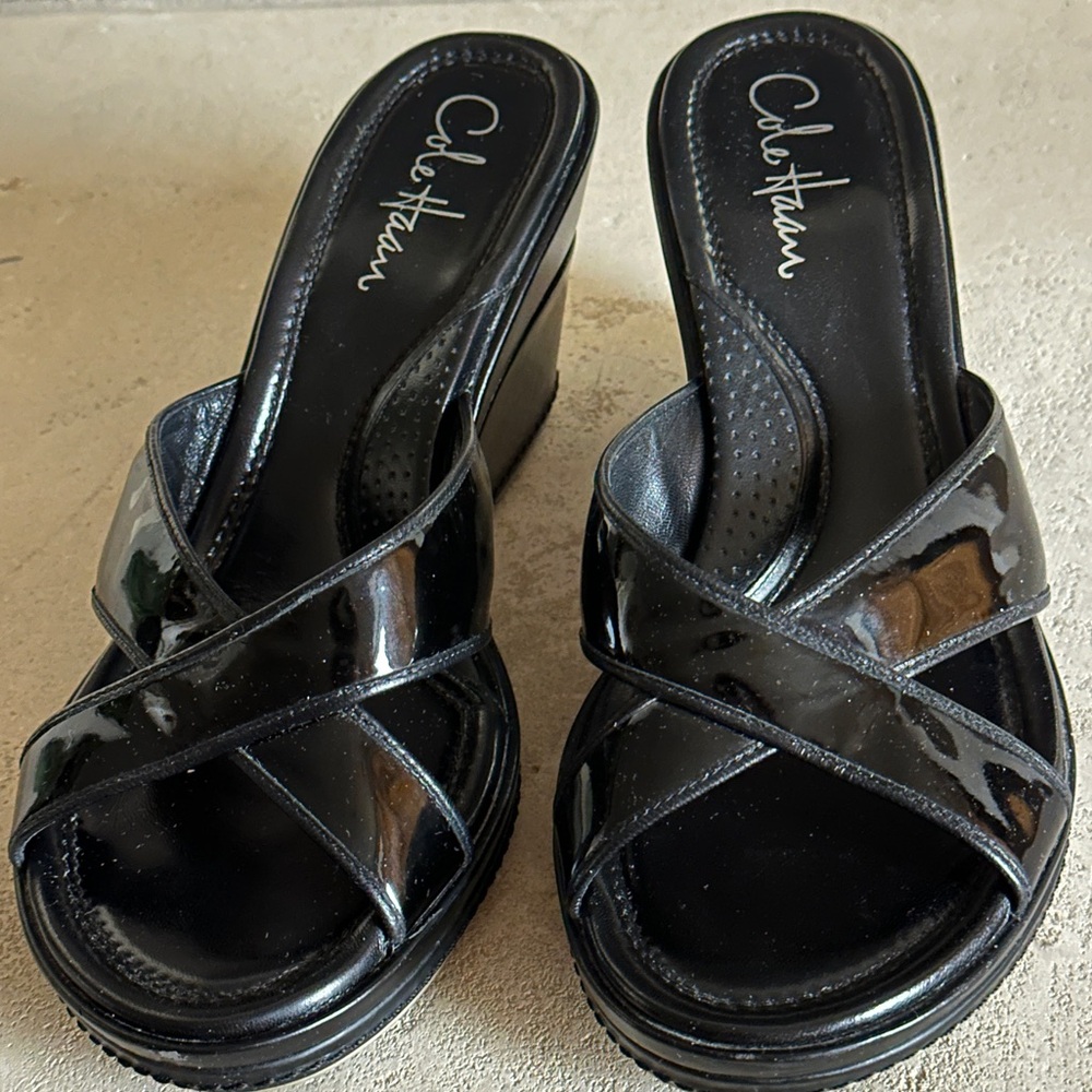 Cole Haan Women's Glossy Black Wedge Sandals